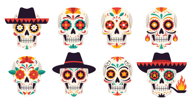 Collection of colorful sugar skulls decorated with traditional Mexican Day of the Dead patterns and accessories.