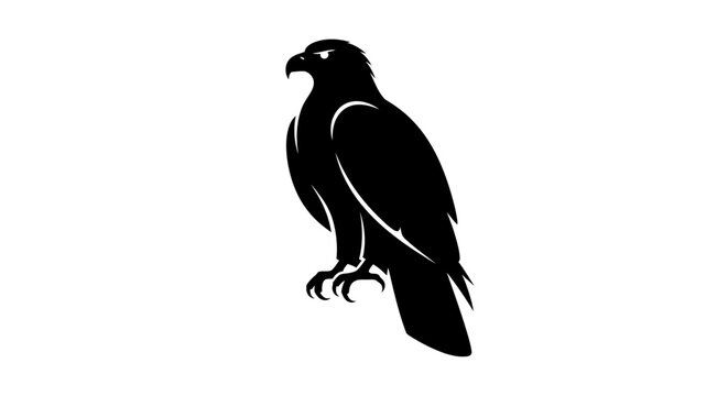 A powerful black silhouette of an eagle perched regally, with sharp claws and keen eyes, on a white background.