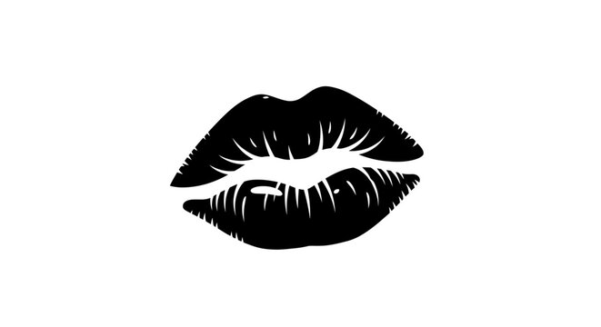 A bold black silhouette of luscious lips pursed for a kiss, with subtle texture lines on a white background.