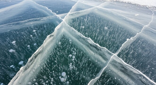 Cracked Ice on Lake Surface with visible pattern and texture. Ice surface reflects the light creating abstract diamond pattern