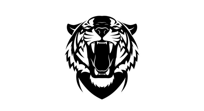 A fierce black and white tiger head with an open mouth and bared fangs, depicted as a powerful emblem or mascot.