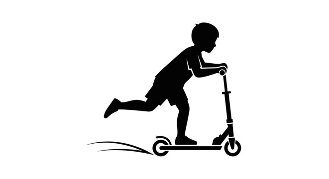 A silhouette of a young boy is captured in motion, actively propelling a kick scooter across a flat surface with one foot.