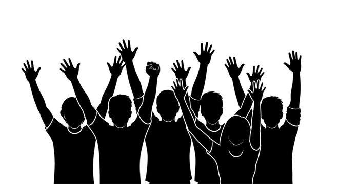 A dynamic silhouette of a diverse group of people raises their hands high in the air, expressing excitement, unity, and collective participation.