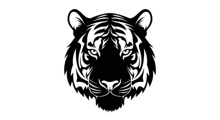 A powerful and majestic tiger's face is depicted in a striking black and white silhouette, showcasing its fierce gaze and distinctive stripes. © Mezzy