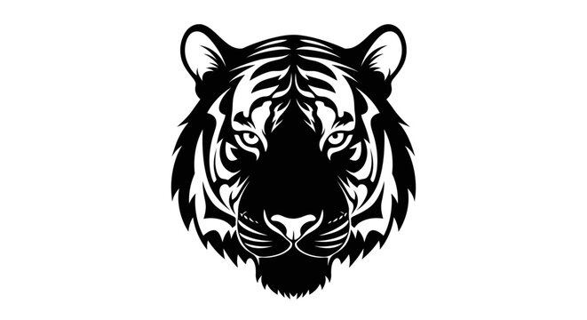 A powerful and majestic tiger's face is depicted in a striking black and white silhouette, showcasing its fierce gaze and distinctive stripes.