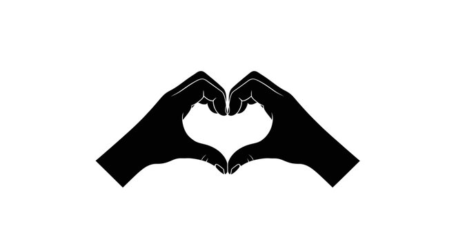 Two human hands come together to gracefully form a universal heart shape, beautifully captured as a simple black silhouette on a white background.