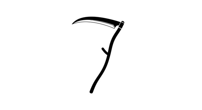 A stylized black silhouette of a grim reaper's scythe with a curved blade represents death, mortality, and the passage of time.