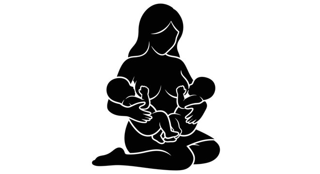 A silhouette of a mother sitting and breastfeeding two babies simultaneously, representing nurturing and the challenges and joys of multiple births.