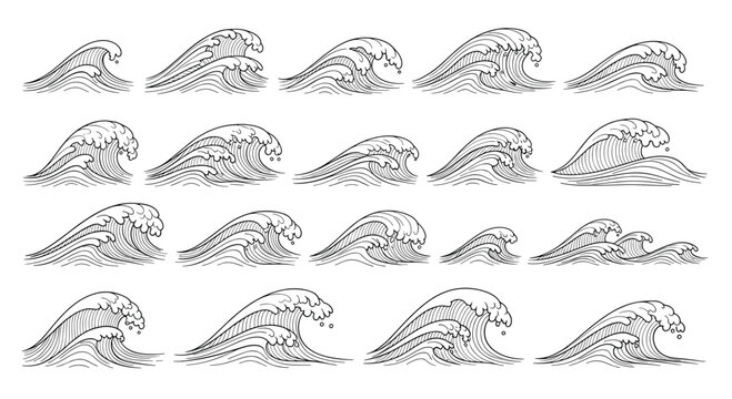 Collection of hand drawn vintage style ocean waves with detailed linework for marine and surf themed graphic design projects for beach wallpapers.