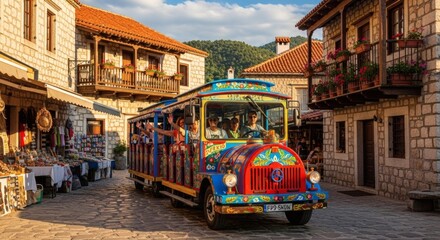 Obraz premium A colorful tourist train travels down a stone street, with passengers enjoying a sightseeing tour. The surrounding buildings are made of stone, with shops and balconies visible. The sky is clear.