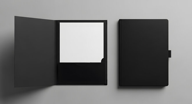 Black corporate folder mockup | Blank stationery branding identity | Professional office presentation folder | Open and closed document portfolio mockup