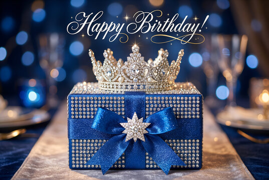 Elegant blue gift box with crown and happy birthday text perfect for celebration