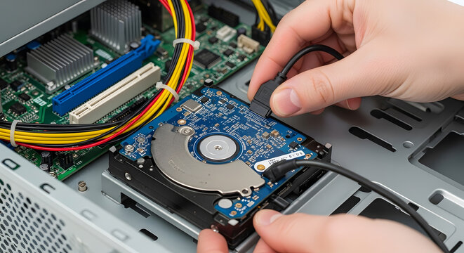 installing hard drive in desktop computer | connecting sata cable to hdd | it technician repairing pc hardware | computer building process close up | data storage upgrade in server