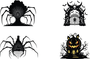Fototapeta premium Set of spooky halloween vector illustrations with dark icons