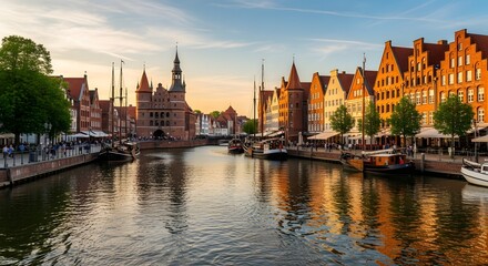 Fototapeta premium Historic architecture and waterfront scenery in the old town of Lübeck, Germany at sunset