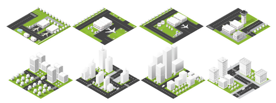 Isometric city street and airport buildings set