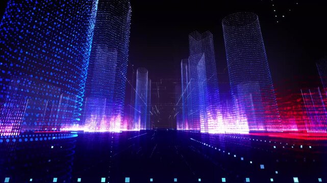Abstract digital city skyline with glowing neon light particles and data stream connectivity motion graphics.