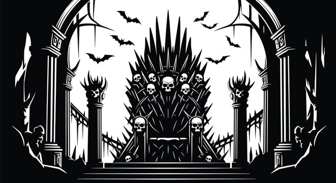 Spooky skull throne in a dark gothic castle with bats