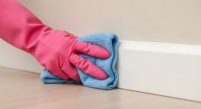 Person cleaning white baseboards with microfiber cloth | Professional home cleaning service with pink gloves | Spring cleaning routine for modern wooden floors | Hand in rubber glove wiping dust