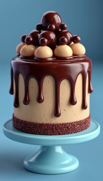 Vertical minimal handmade drip cake on pedestal with glossy chocolate flow and rounded topping spher