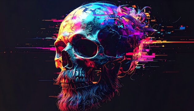 Glitched skull, vibrant, glitch