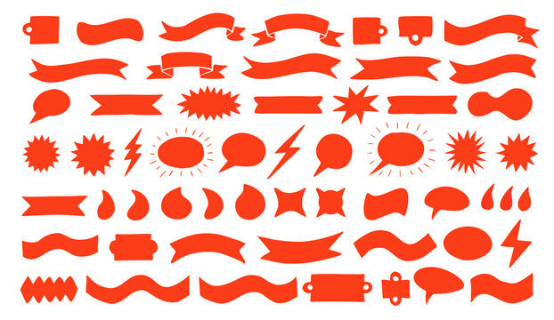 Red banners speech bubbles and tags set