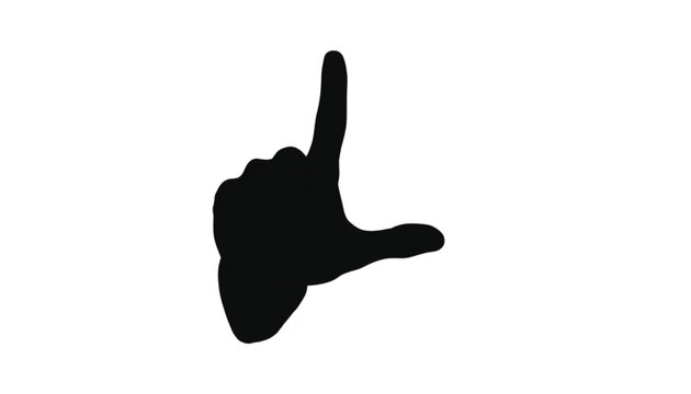Hand gesture showing the letter L is depicted as a bold black silhouette isolated on a pure white background, providing a versatile graphic resource for educational or communication design projects.