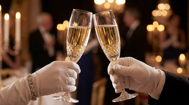 hands clinking champagne glasses gala event formal luxury celebration toast candles ballroom close up of two human hands wearing white gloves holding sparkling wine flutes during elegant night party