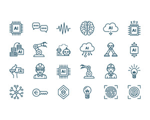 Fototapeta premium AI Technology Line Icons Set, Artificial Intelligence Outline Vector
