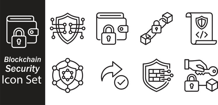 Blockchain Security Cryptocurrency Wallet and Digital Asset Protection Line Icon Set