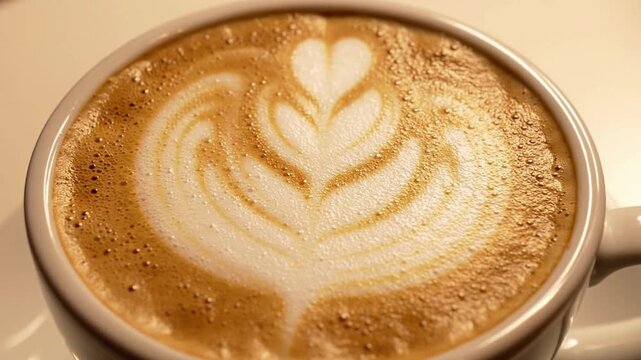 A steaming hot cup of latte coffee with intricate foam art, a delicate heart shape, and rich crema, perfect for morning refreshment and cafe ambiance