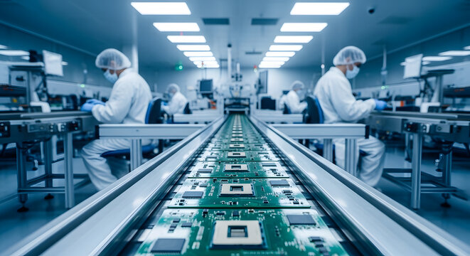 High-tech electronics manufacturing plant | Automated microchip assembly line | Precision PCB engineering in a sterile cleanroom | Industrial production of semiconductor hardware