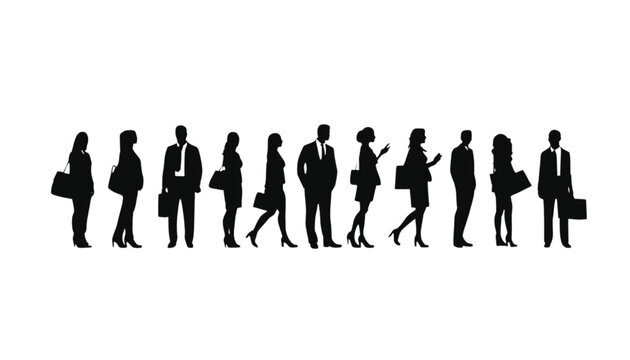 Businessmen silhouette line represents a professional team of corporate employees carrying briefcases while walking forward toward a new project during a busy workday in an urban office environment.