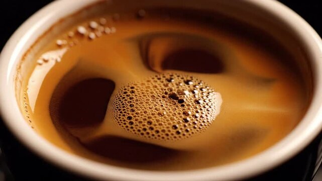 Close-up of aromatic hot espresso coffee with rich crema and small bubbles, perfect for morning energy boost