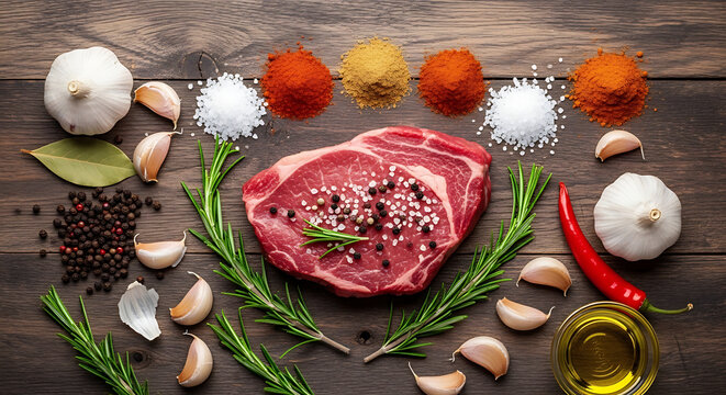 Raw Beef Steak with Spices, Garlic, Rosemary, and Chili on Rustic Wooden Table
