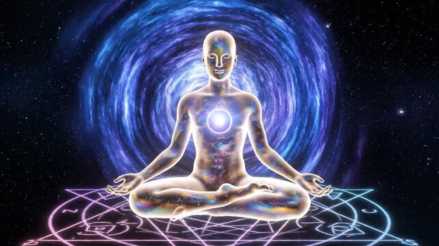 Digital art of a meditating figure within a cosmic vortex, a celestial scene
