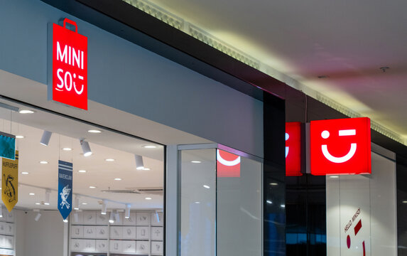 MINISO store logo signboard above the entrance to the shop. Minsk, Belarus - March 31, 2025