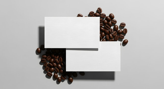 Blank business card mockup on coffee beans | Minimalist coffee shop branding identity template | Professional white business cards for cafe owners | Top view business card display