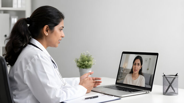 Female doctor consulting patient via video call on laptop for online telemedicine session