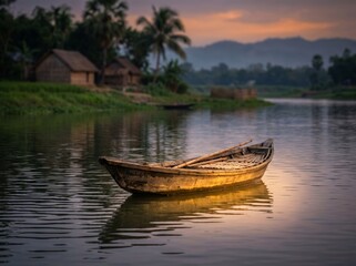 Obraz premium Traditional Wooden Boat on Calm River at Sunset; Rural Village Landscape with Dinghy and Palm Trees (Borassus flabellifer); Peaceful Tropical Backwaters Scene.