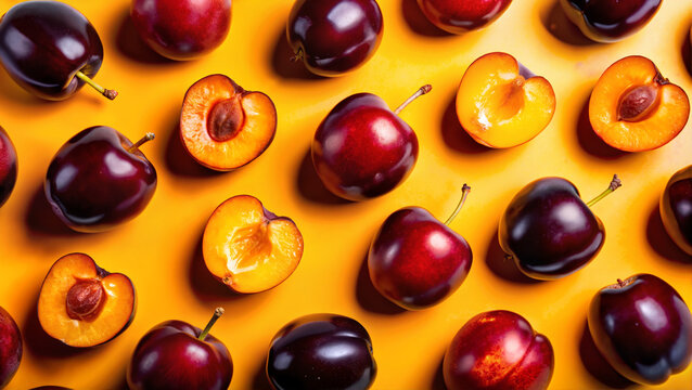 Fresh plums whole and halved on vibrant yellow background  