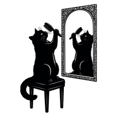 Cat Brushing Fur in Mirror Reflection Silhouette Vector © MahfuzurRahman