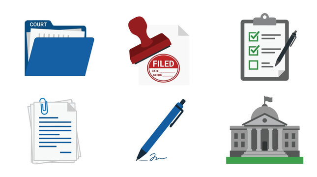 Legal document icons display a court folder, filed stamp, checklist, and a government building.
