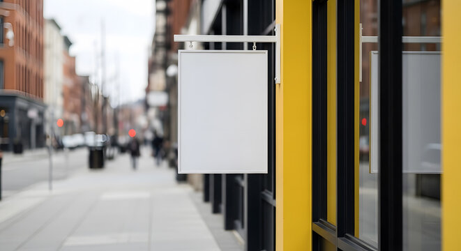 Blank outdoor hanging shop sign mockup |Vertical empty store signage on city street| Retail business branding display on yellow pillar| Urban street storefront sign template