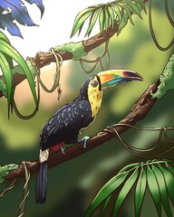 Toucan in tropical jungle freehand illustration  © Elina