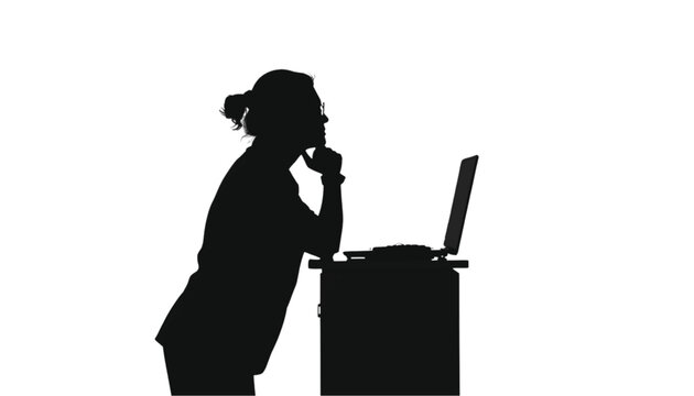 Businesswoman silhouette stands at a standing desk while focused on her laptop screen to complete urgent tasks in a modern professional workspace that provides ample white background copy space.