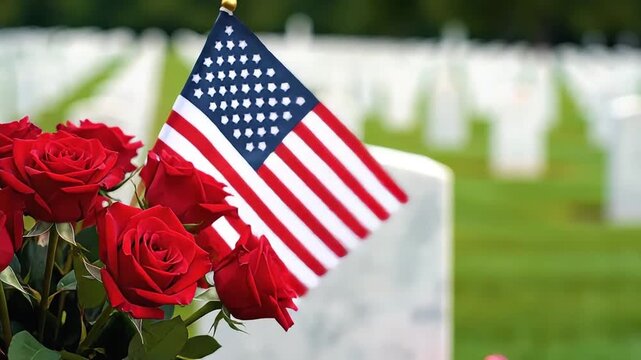 Usa memorial day, red roses and small american flag on gravestone in military cemetery patriotism honor respect remembrance soldier