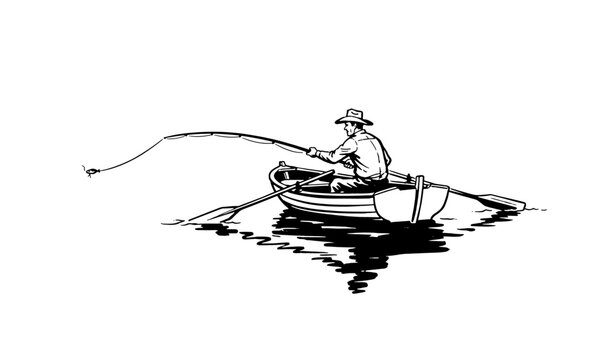 Vintage fishing man in a boat illustration. Retro rowboat fisherman on lake vector. Hand drawn outdoor leisure activity concept.