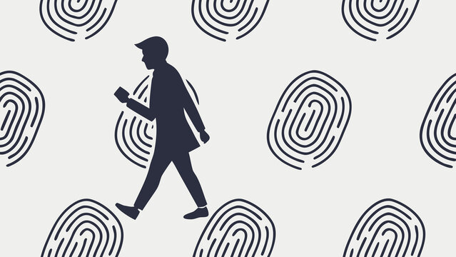 Businessman walking, fingerprint background, security concept, vector illustration, black and white