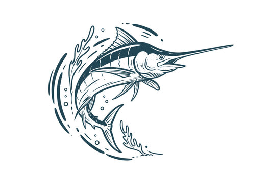 Vintage marlin jumping out of water illustration. Nautical sport fishing emblem. Hand drawn swordfish logo design. Marine life ocean art.